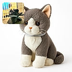 A curious cat lounges on a stylish scratcher perch, tilting its head inquisitively as the warm sunlight filters through vertical blinds, casting soft shadows on the cozy carpet below.