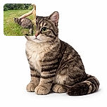 A serene outdoor scene where a tabby cat crouches in the grass, looking intently at something off-camera, while a blonde person gently pets it. The lush green garden background adds to the peaceful vibe, with colorful pinwheels adding a playful touch.