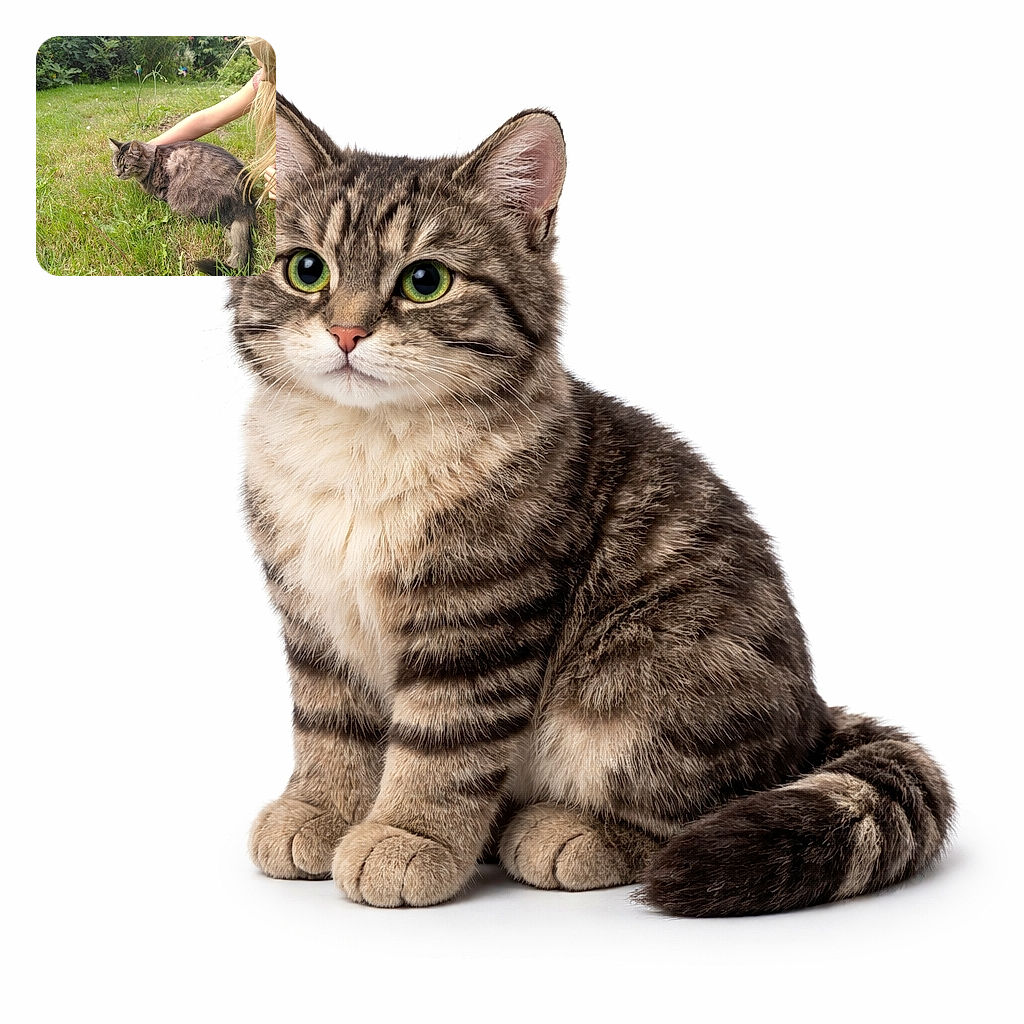 A serene outdoor scene where a tabby cat crouches in the grass, looking intently at something off-camera, while a blonde person gently pets it. The lush green garden background adds to the peaceful vibe, with colorful pinwheels adding a playful touch.