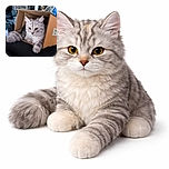 A fluffy gray cat lounges comfortably inside a small cardboard box, looking curiously out with bright yellow eyes. The box is perched on a black fabric surface, with a cozy indoor setting featuring a textured gray wall, dried floral arrangement, and various household items in the background. The photo captures the classic feline love for boxes with sharp focus and natural lighting.