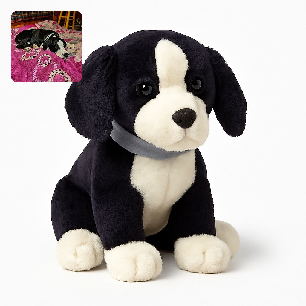 A peaceful black and white puppy is curled up and snoozing on a cozy pink blanket with leopard print rings, surrounded by a warm wooden room and a yellow stool in the background.