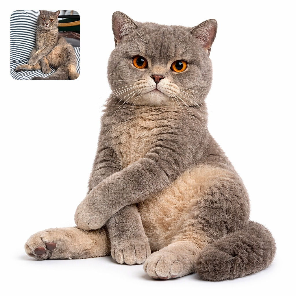 A regal grey tabby lounges like it pays the rent — amber eyes staring with mild judgment, whiskers perfectly groomed, and a fluffy tail draped over striped bedding while the background politely blurs out of the spotlight.