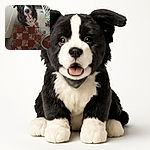 A happy black and white dog looks up eagerly at the camera with a big smile and tongue out, standing on a worn red and beige checkered floor. The photo is taken from above, capturing the dog's joyful expression and part of the photographer's legs and shoes. The background includes a leopard print cushion and some household items, giving a cozy, lived-in vibe.