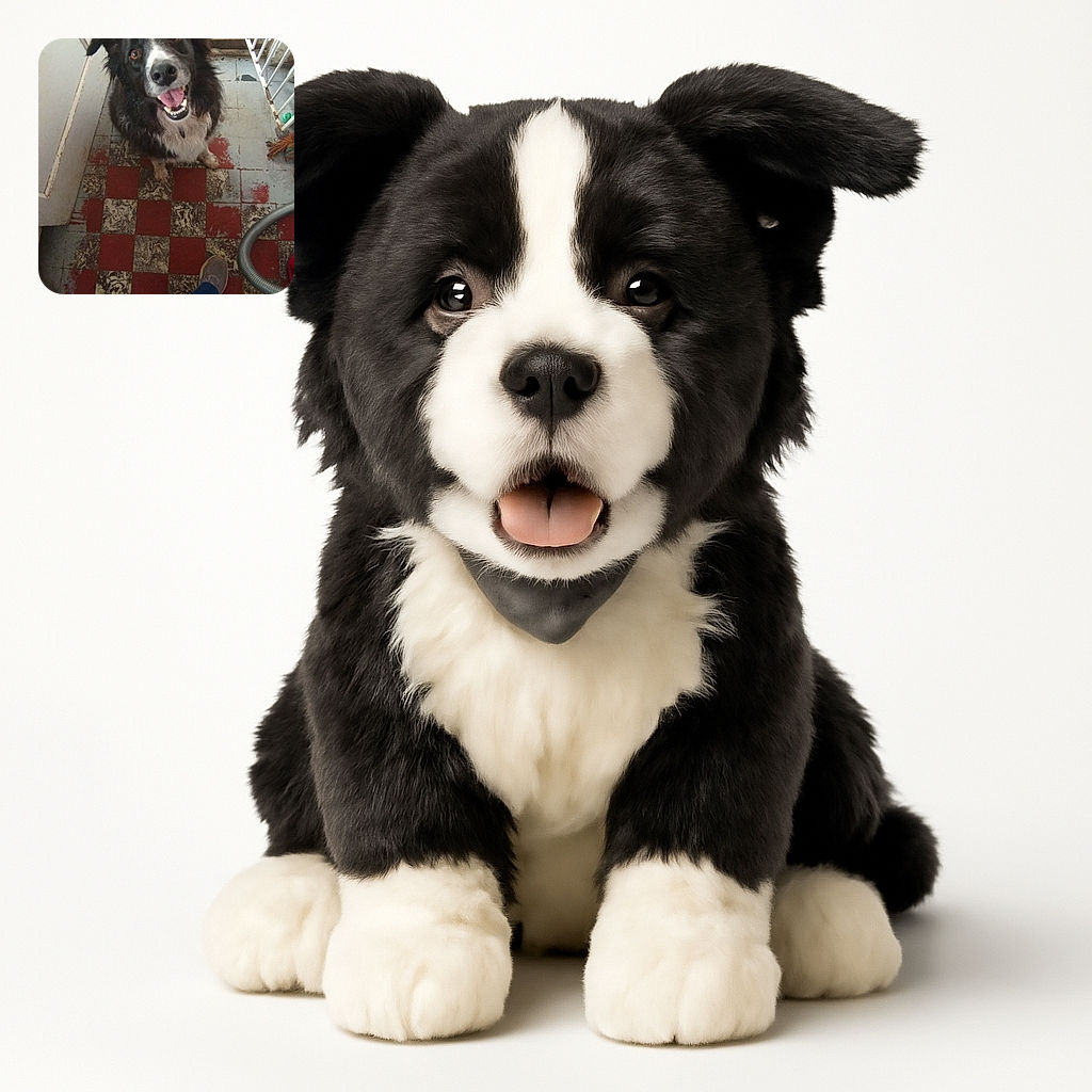 A happy black and white dog looks up eagerly at the camera with a big smile and tongue out, standing on a worn red and beige checkered floor. The photo is taken from above, capturing the dog's joyful expression and part of the photographer's legs and shoes. The background includes a leopard print cushion and some household items, giving a cozy, lived-in vibe.