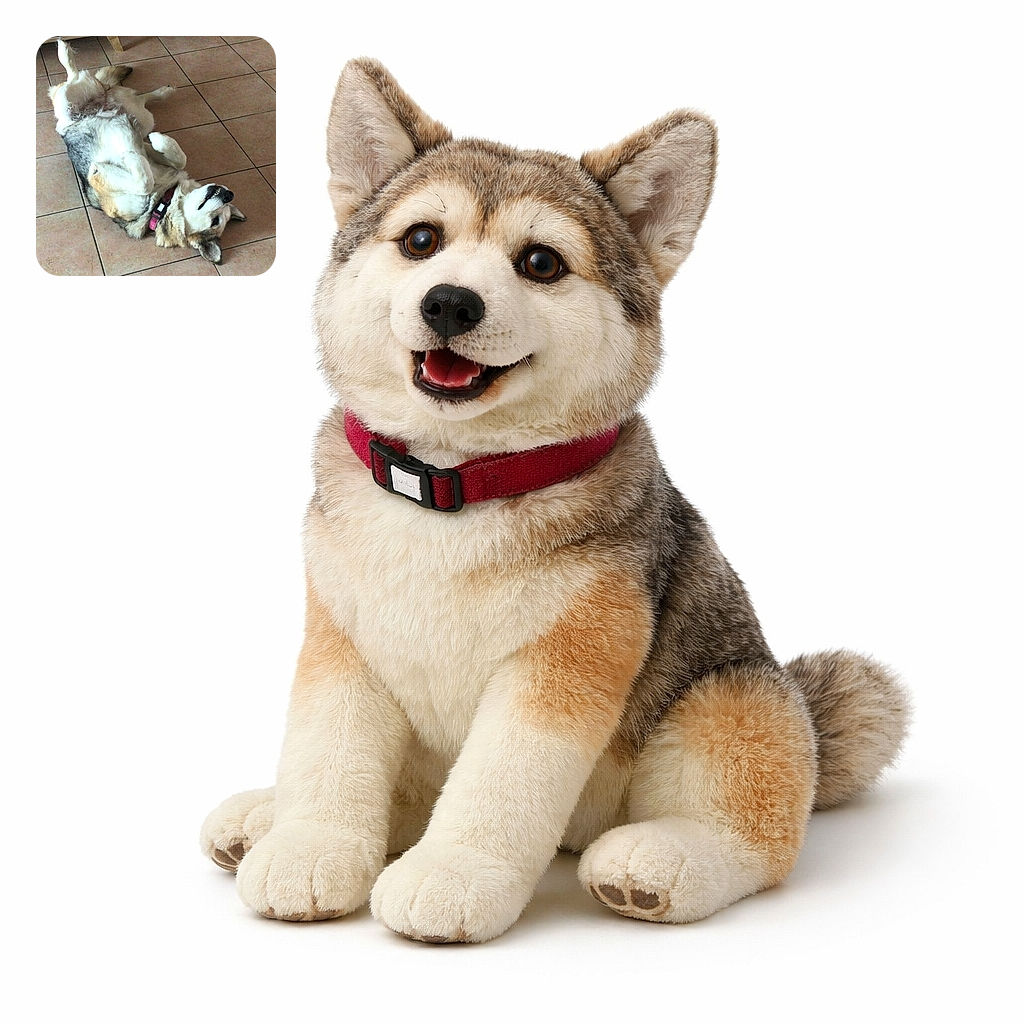 A fluffy dog has dramatically surrendered to tile comfort, lying belly-up with paws curled and a goofy toothy grin. Pink collar, mottled fur and sleepy half-shut eyes say clearly: belly rubs are mandatory. The plain tiled floor and scattered fur make the scene homely and irresistibly proud of its laziness.