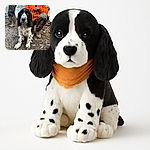 A charming black and white spotted dog sits attentively on a gravel path surrounded by fallen leaves, with two people nearby dressed in outdoor gear, one wearing a bright orange jacket and camo pants, creating a rustic and cozy outdoor vibe.