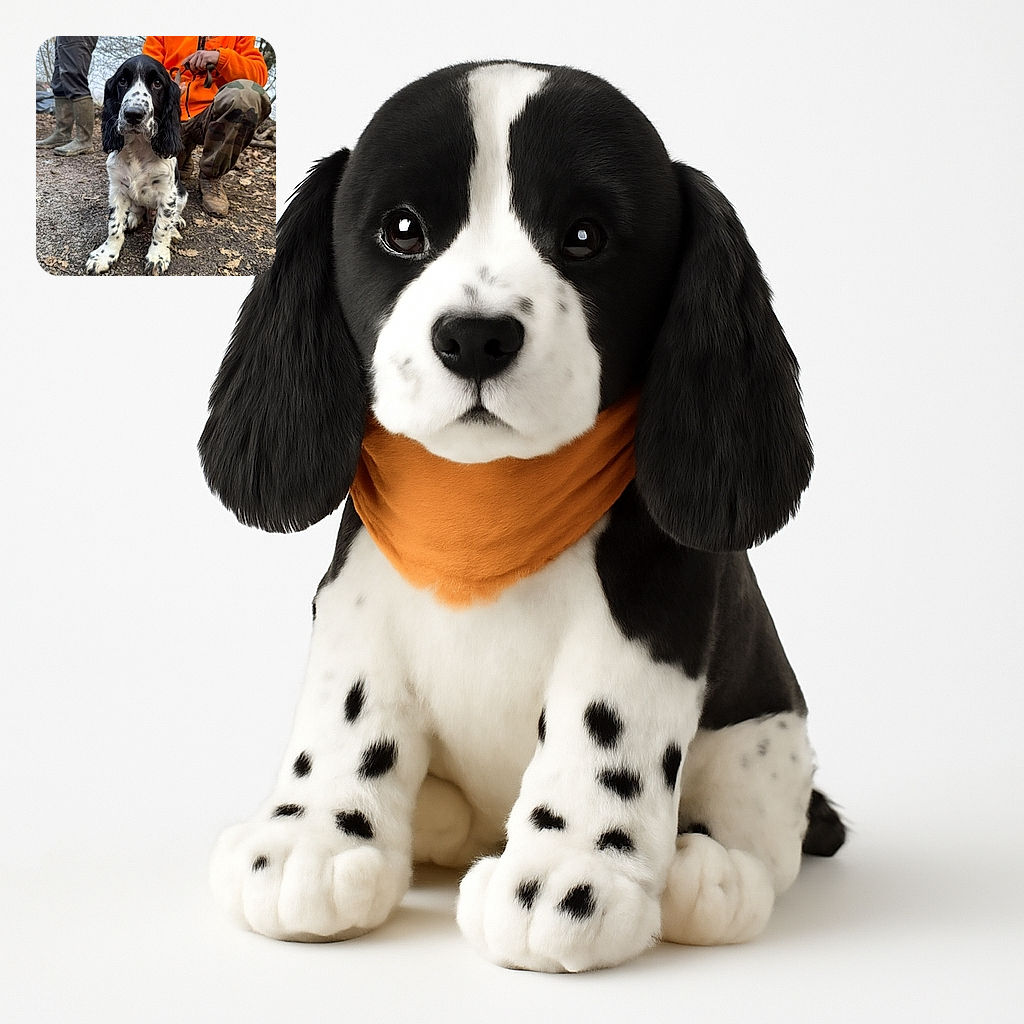 A charming black and white spotted dog sits attentively on a gravel path surrounded by fallen leaves, with two people nearby dressed in outdoor gear, one wearing a bright orange jacket and camo pants, creating a rustic and cozy outdoor vibe.