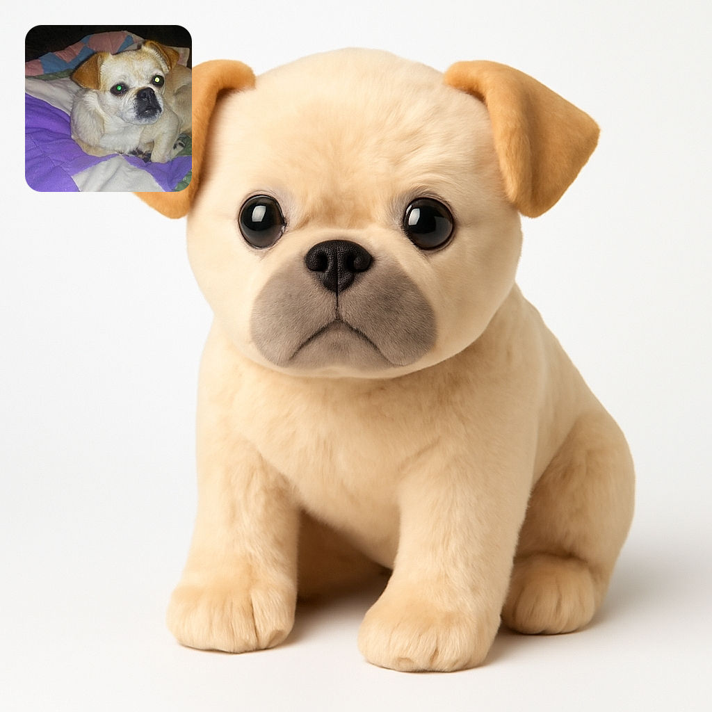 A small dog with glowing eyes from the camera flash is comfortably curled up on a colorful patchwork quilt, looking slightly startled but cozy in its soft bedding.