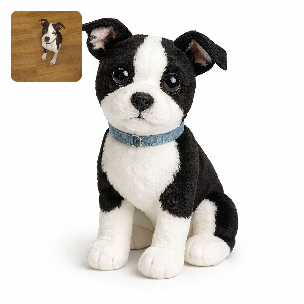 A cute black and white puppy sits attentively on a wooden floor, looking up with big curious eyes, as if waiting for a treat or a belly rub.