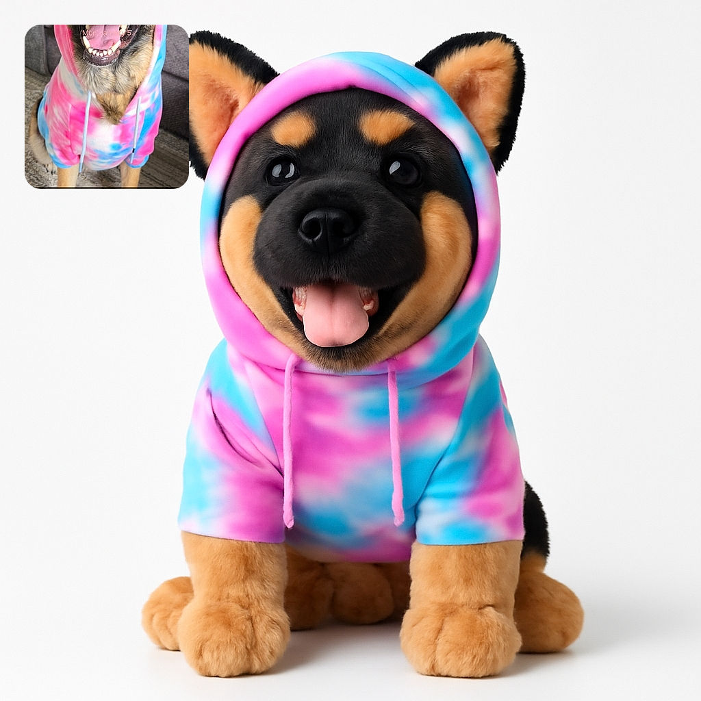 A happy dog wearing a colorful pink and blue tie-dye hoodie is sitting indoors on a carpet, smiling widely with its mouth open, showing its teeth. The background includes a couch and cushions. The photo is overlaid with a large lock screen clock and date, along with emojis and notification text at the bottom.