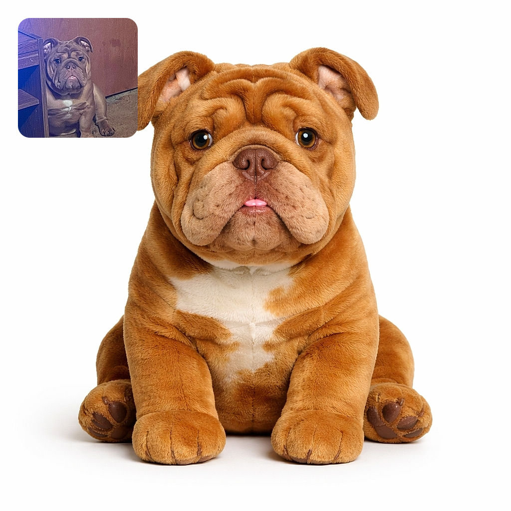 A wrinkly bulldog puppy sitting on a carpeted floor next to a wooden piece of furniture, staring with a serious yet adorable expression. The lighting casts a soft glow highlighting the puppy's face and chest.