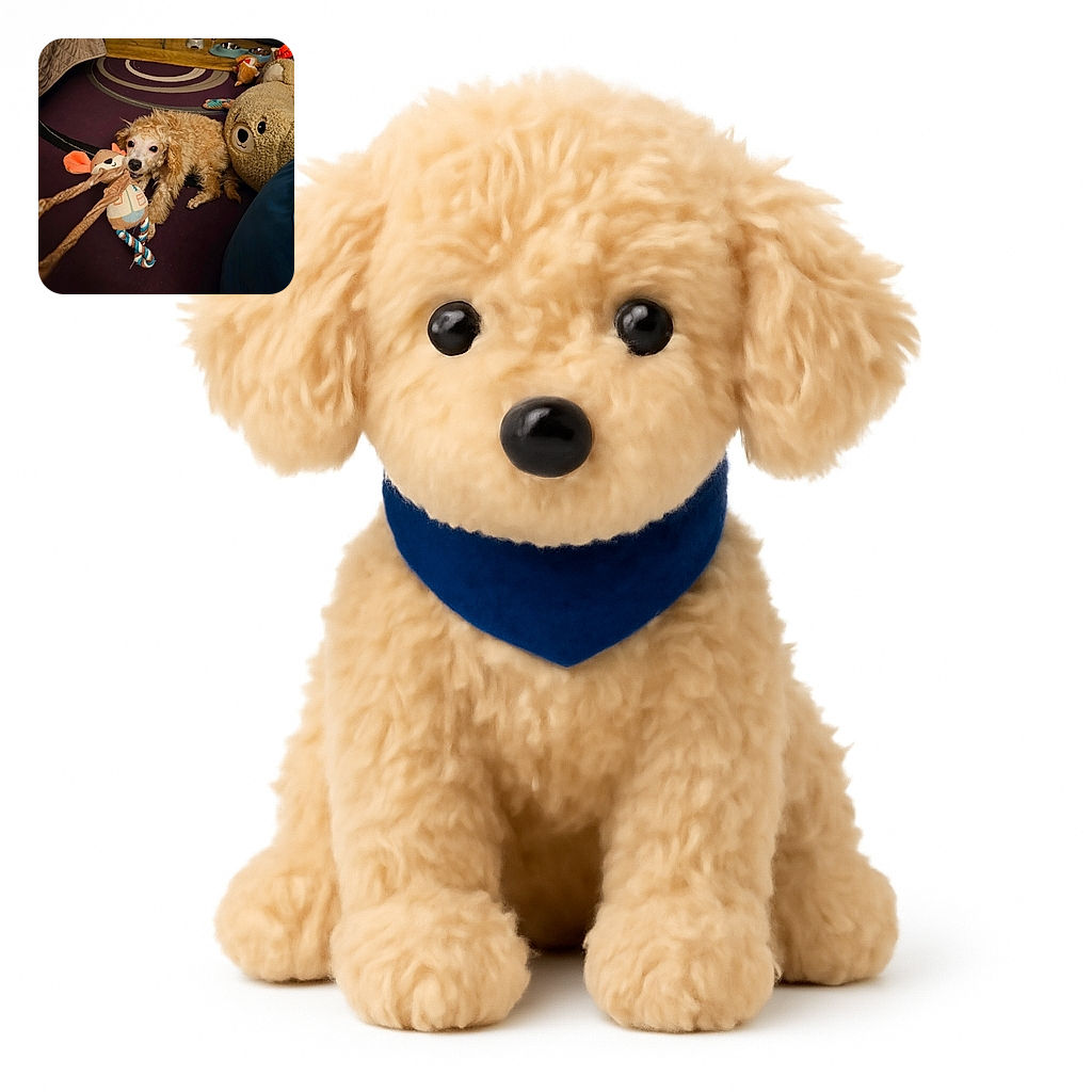 A curly-haired puppy is playfully tugging on a stuffed toy mouse with its mouth, resting on a purple carpet surrounded by cozy home decor and pet bowls, while a large stuffed bear adds to the comfy vibe.