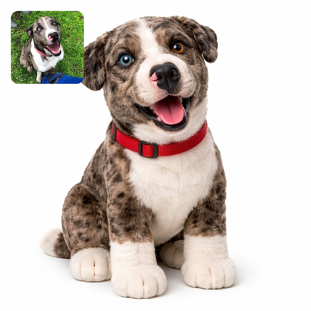 A ridiculously happy dog stares up with a lolling tongue, one blue eye and one brown eye, a pink-splashed nose and muddy paws — clearly ready for treats (or mischief). The photo is a cheerful close-up taken outdoors and shown inside a social-media screenshot with UI visible.