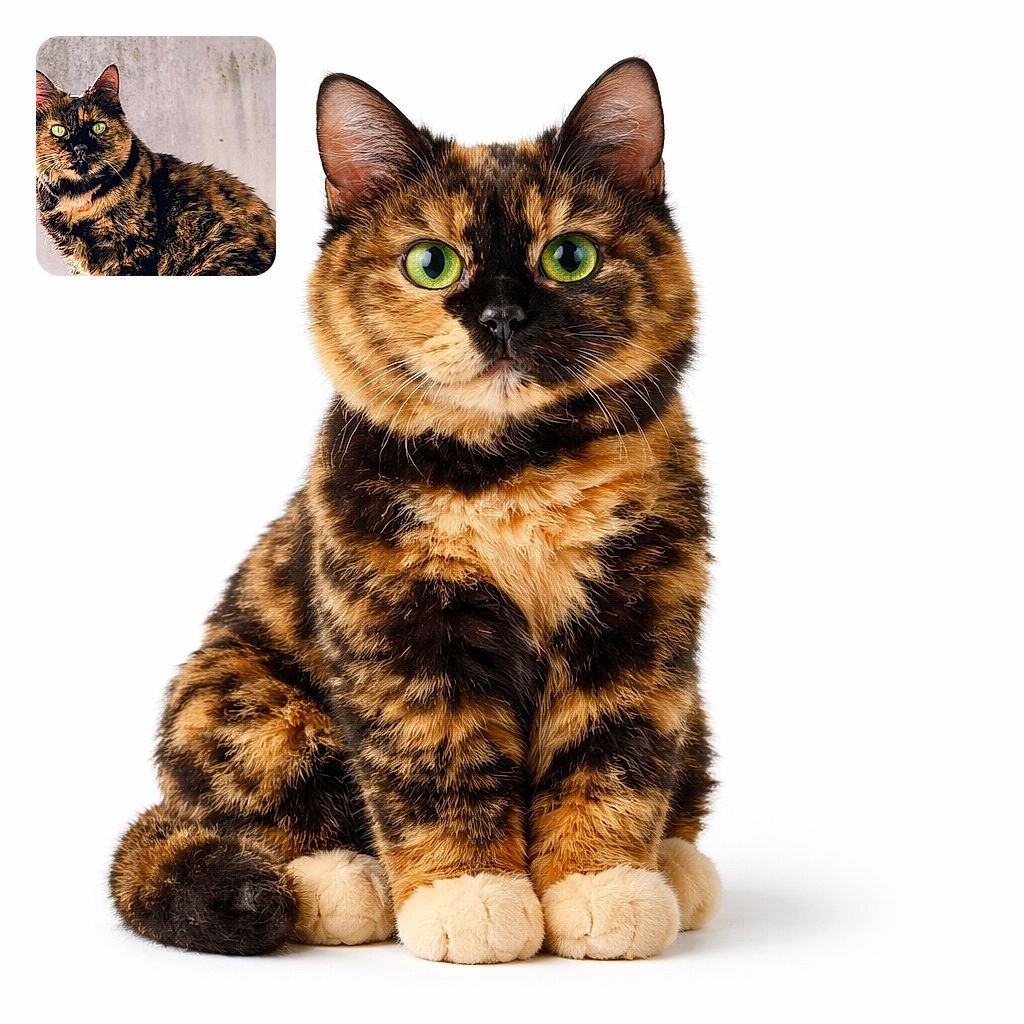 A majestic tortoiseshell cat poses like it owns the place — glowing green eyes locked on the camera, whiskers on full alert, and a coat pattern riffing on abstract art. Looks ready to accept treats or world domination, whichever comes first.