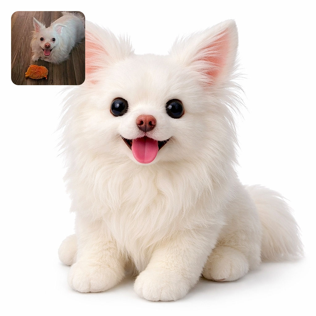 A tiny white floof beaming at the camera with tongue out, proudly posed on a hardwood floor beside a scruffy orange toy — looks like the dog just won 'most charming squeak.'
