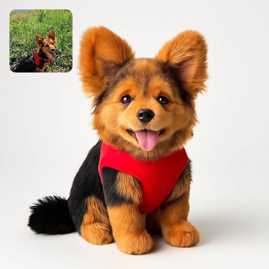 A happy small dog with a red harness sits on lush green grass near a body of water, tongue out and ears perked, enjoying a sunny day outdoors.