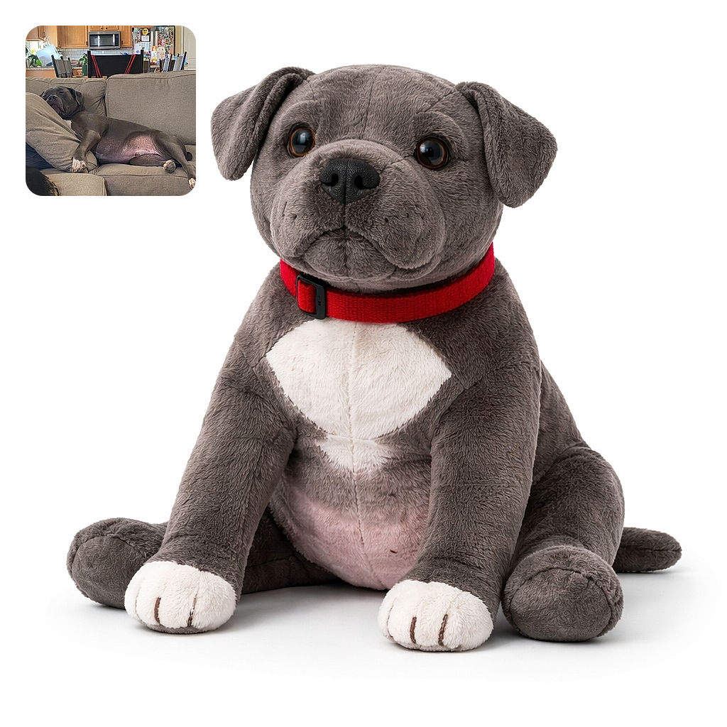 A large gray dog is sprawled out comfortably on a beige couch, using a cushion as a pillow and looking completely relaxed in a cozy living room setting with a kitchen in the background.