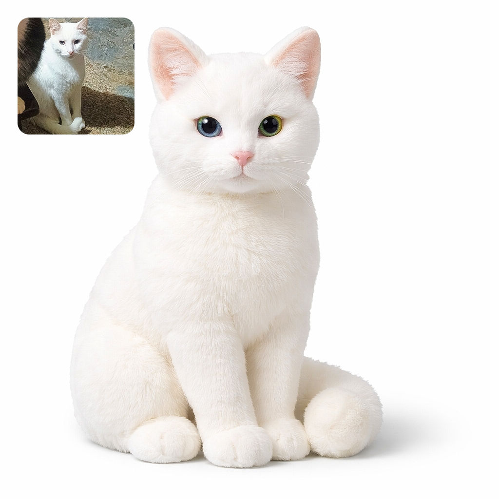 A white cat with a slightly serious expression sits on a textured carpet next to a dark object, possibly another cat, casting a shadow on the floor. The lighting highlights the cat's fur and eyes, creating a calm indoor scene.
