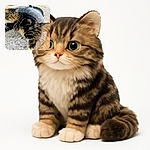 A fluffy tabby cat lounges comfortably on a soft, shaggy gray rug placed on a wooden floor, looking alert and curious with bright green eyes while a black metal chair leg curves in the background.