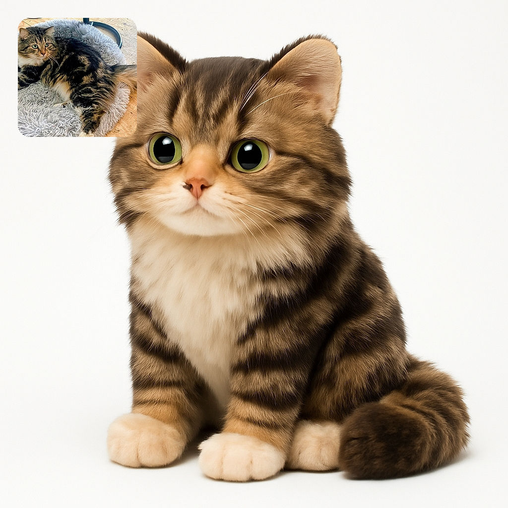 A fluffy tabby cat lounges comfortably on a soft, shaggy gray rug placed on a wooden floor, looking alert and curious with bright green eyes while a black metal chair leg curves in the background.