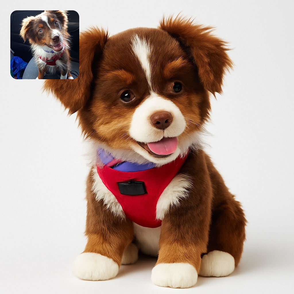 A fluffy, excited puppy with a red harness sits on a car seat, tilting its head with a playful smile, as if ready for an adventure or a treat. The background shows the interior of the car with a glimpse of the outside through the window.