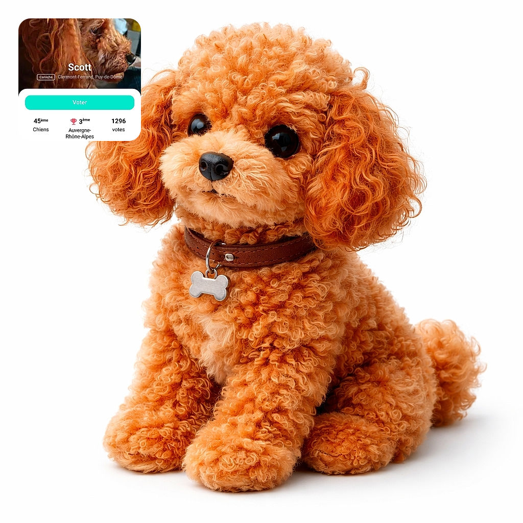 A close-up photo of a curly-haired dog named Scott, shown in profile with detailed fur texture. The image is part of a voting page with various text overlays in French, including vote counts and rankings, making it a mix of a pet portrait and a web interface screenshot.