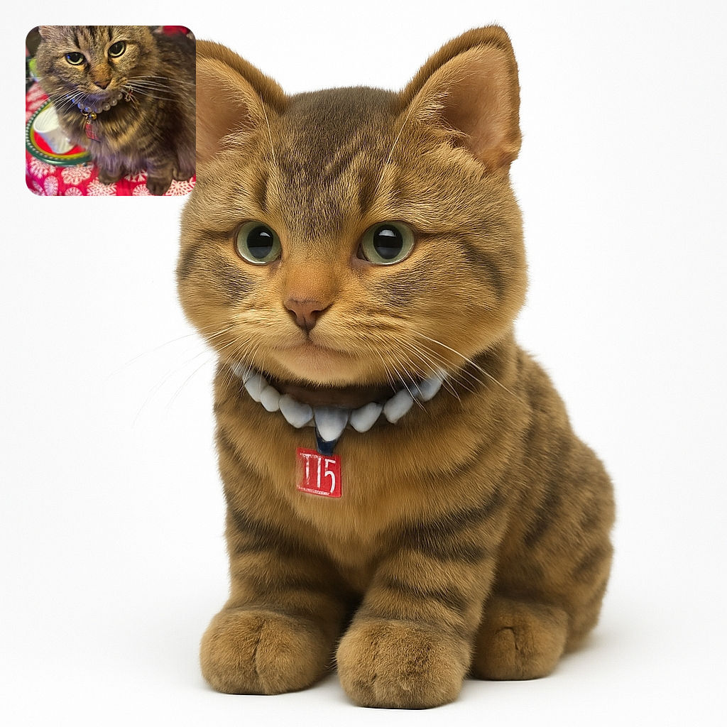 A fluffy tabby cat with striking green eyes and a pearl necklace looks curiously at the camera while sitting on a festive red tablecloth decorated with white snowflakes, surrounded by colorful plates and cups.