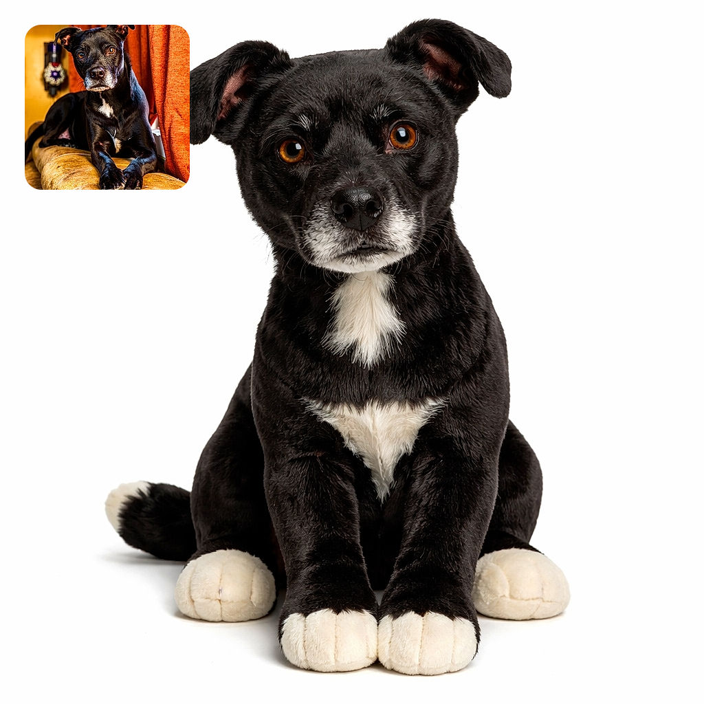 A dignified black dog lounges on a well-worn couch, giving the camera a wise, slightly judgmental stare — like it's silently calculating how many treats you'll admit to stealing. Warm orange curtains and cozy living-room tones frame the scene, highlighting the glossy fur, white chest patch, and expressive brown eyes.