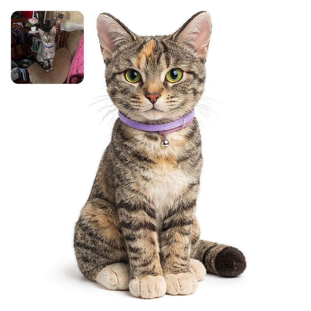 A dignified tabby cat wearing a purple collar perches like a tiny, furry professor on the armrest, staring straight at the camera while a cozy, cluttered living-room tableau (lamp, vase with flower, framed photo, candle) plays supporting role in the background.