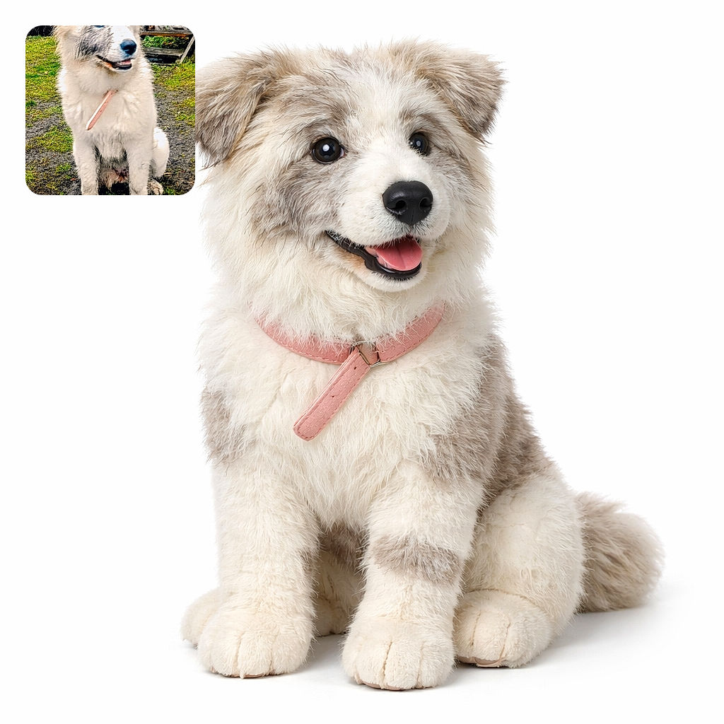 A muddy white dog proudly sits on a patchy lawn with a wooden stick in its mouth, showing off its recent adventure in the dirt while the rustic backyard stairs add a cozy, lived-in vibe.