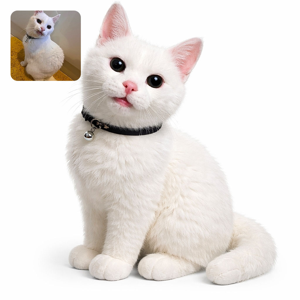 A fluffy white cat stares up with wide curious eyes and a slightly lopsided mouth like it just smelled something suspicious — wearing a little bell collar and perched on a mustard-yellow shag rug against a pale wall, giving maximum unimpressed-yet-adorable energy.