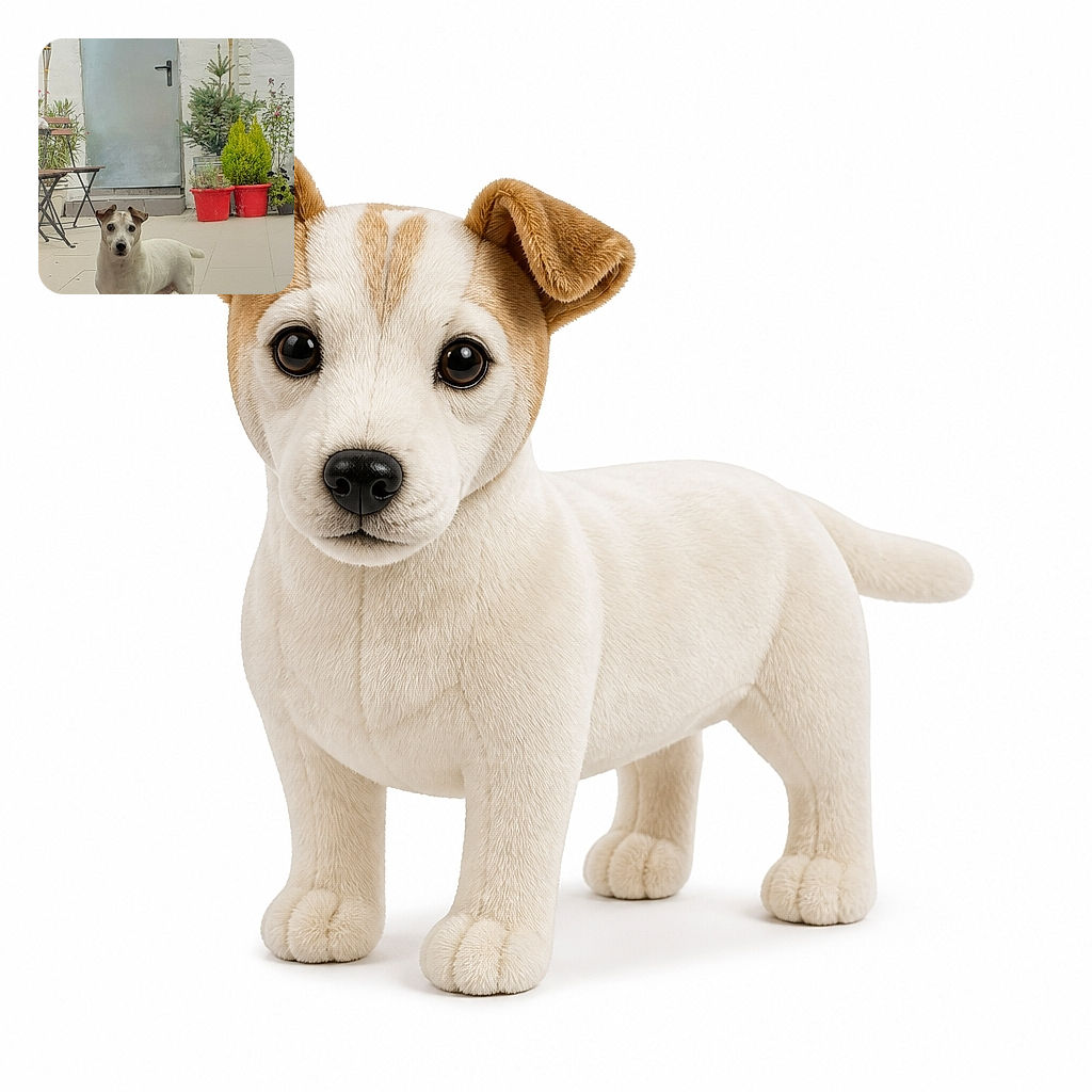 A curious little dog stands at the doorway like a tiny security guard, staring through the glass while potted plants and patio furniture create a cozy garden scene behind it.