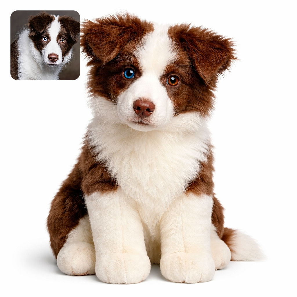 A stunning close-up portrait of a brown and white dog with strikingly different colored eyes, one blue and one amber, looking directly at the camera with a soft, blurred neutral background highlighting its fluffy fur and expressive face.