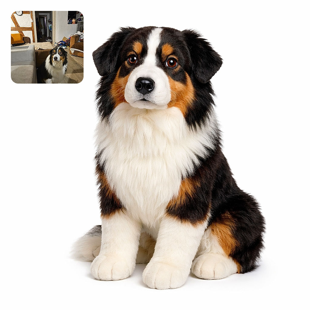 A fluffy tricolor dog sits attentively on a wooden floor in a cozy living room cluttered with toys and blankets, while the background shows a hallway and rustic wooden beams on the walls.