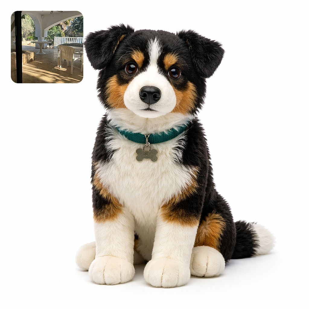A sunlit patio seen through a glass/sliding door: plastic chairs and a round table cast long shadows while three dogs lounge and wander — one black-and-white dog confidently struts toward the camera like it's on patrol. Dusty glass, a stone wall, arches and palms give the scene a lazy, warm-vacation vibe.
