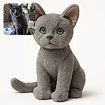 A curious gray cat with wide eyes sits perched on a piece of furniture, staring directly at the camera. The background shows a cozy room with a brick wall, pet bowls, a blue ball toy, and some household items scattered around, giving a casual, lived-in vibe.