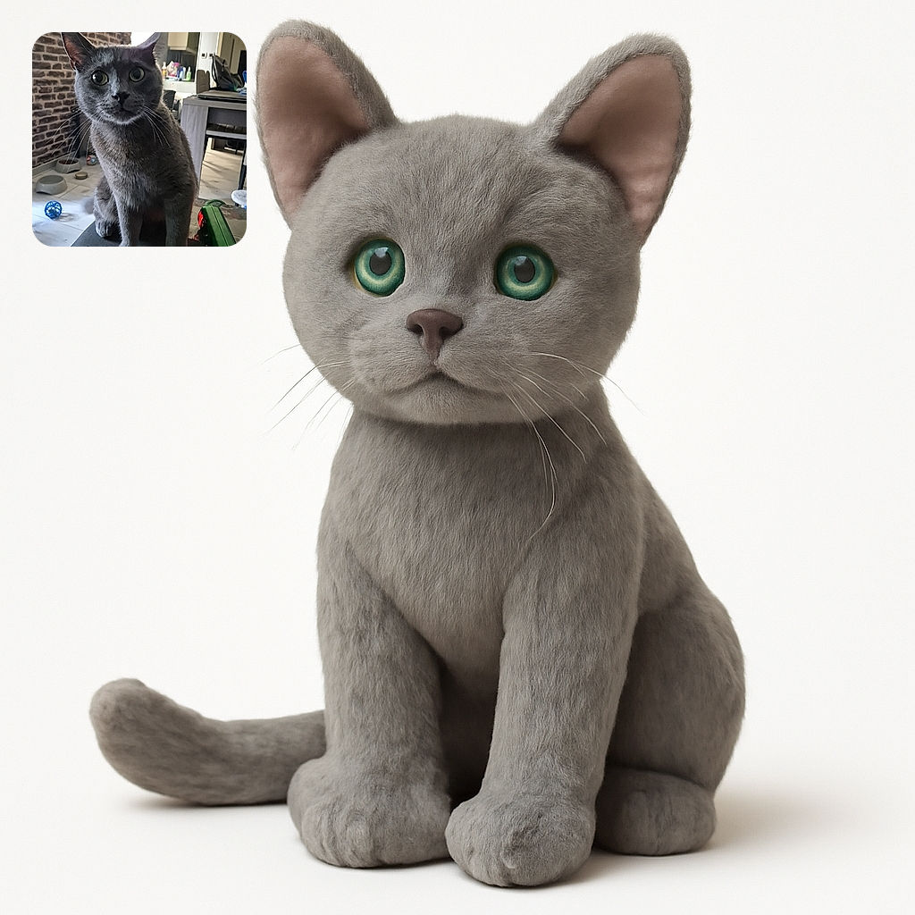 A curious gray cat with wide eyes sits perched on a piece of furniture, staring directly at the camera. The background shows a cozy room with a brick wall, pet bowls, a blue ball toy, and some household items scattered around, giving a casual, lived-in vibe.