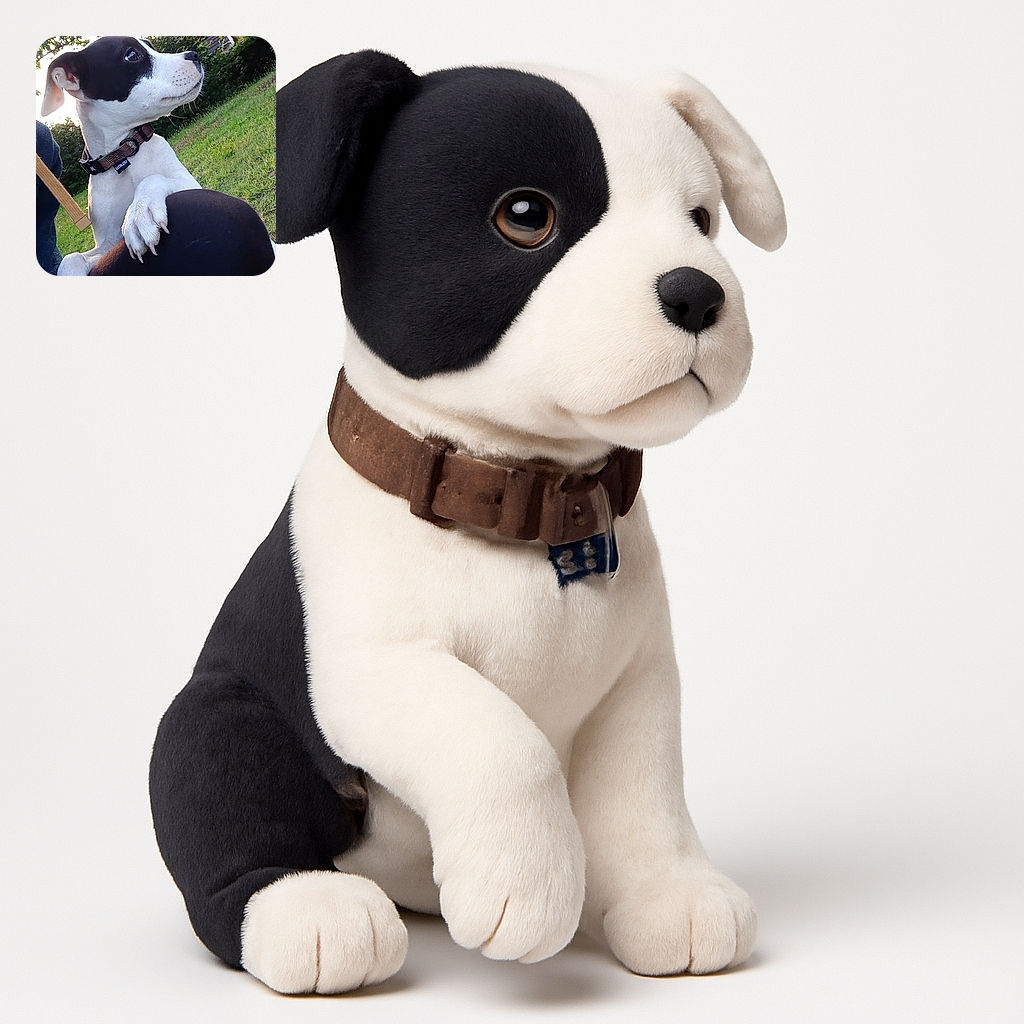 A charming black and white dog with a curious gaze rests its paws on a person's knee outdoors, surrounded by lush greenery and soft natural light, capturing a tender moment of companionship.