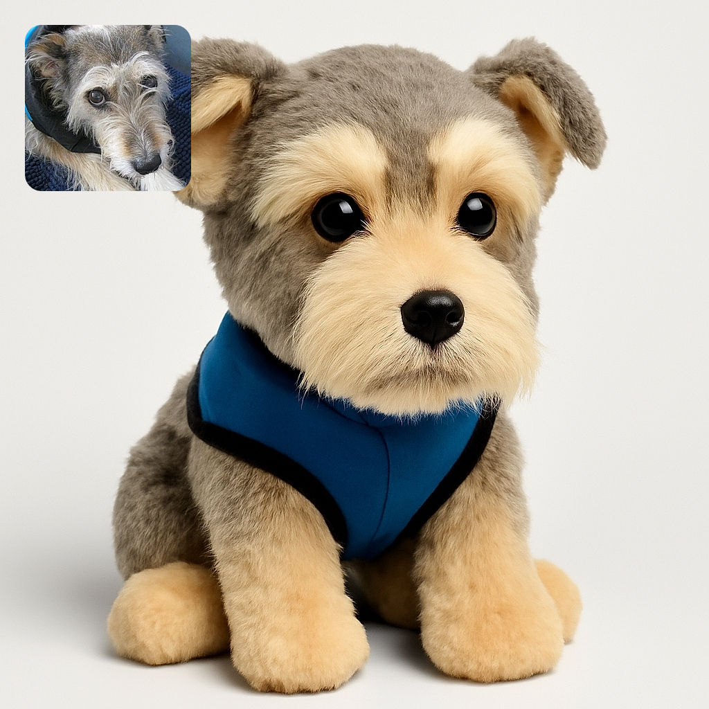 A close-up photo of a scruffy dog with soulful eyes, wearing a black and blue jacket, resting on a textured dark blue surface, looking both curious and slightly melancholic.
