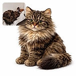 A fluffy tabby cat is curled up comfortably on a white quilted blanket, looking sleepy and cozy. Behind the cat, there are a few colorful stuffed animal toys, adding a playful touch to the calm and warm scene.