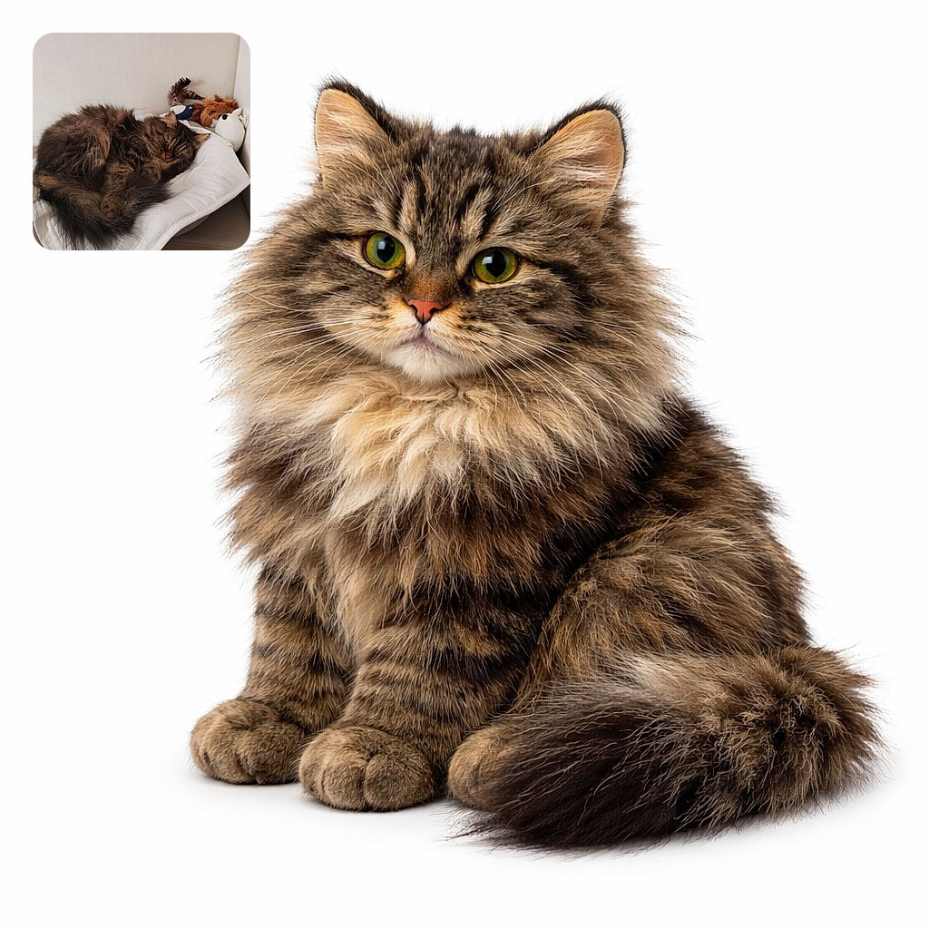 A fluffy tabby cat is curled up comfortably on a white quilted blanket, looking sleepy and cozy. Behind the cat, there are a few colorful stuffed animal toys, adding a playful touch to the calm and warm scene.
