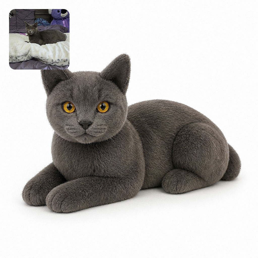 A dignified gray cat lounges across a fluffy blanket, staring into the camera like it has just been promoted to head of household. A giant purple teddy bear stands guard in the background while the bedding creates a cozy bedroom throne.