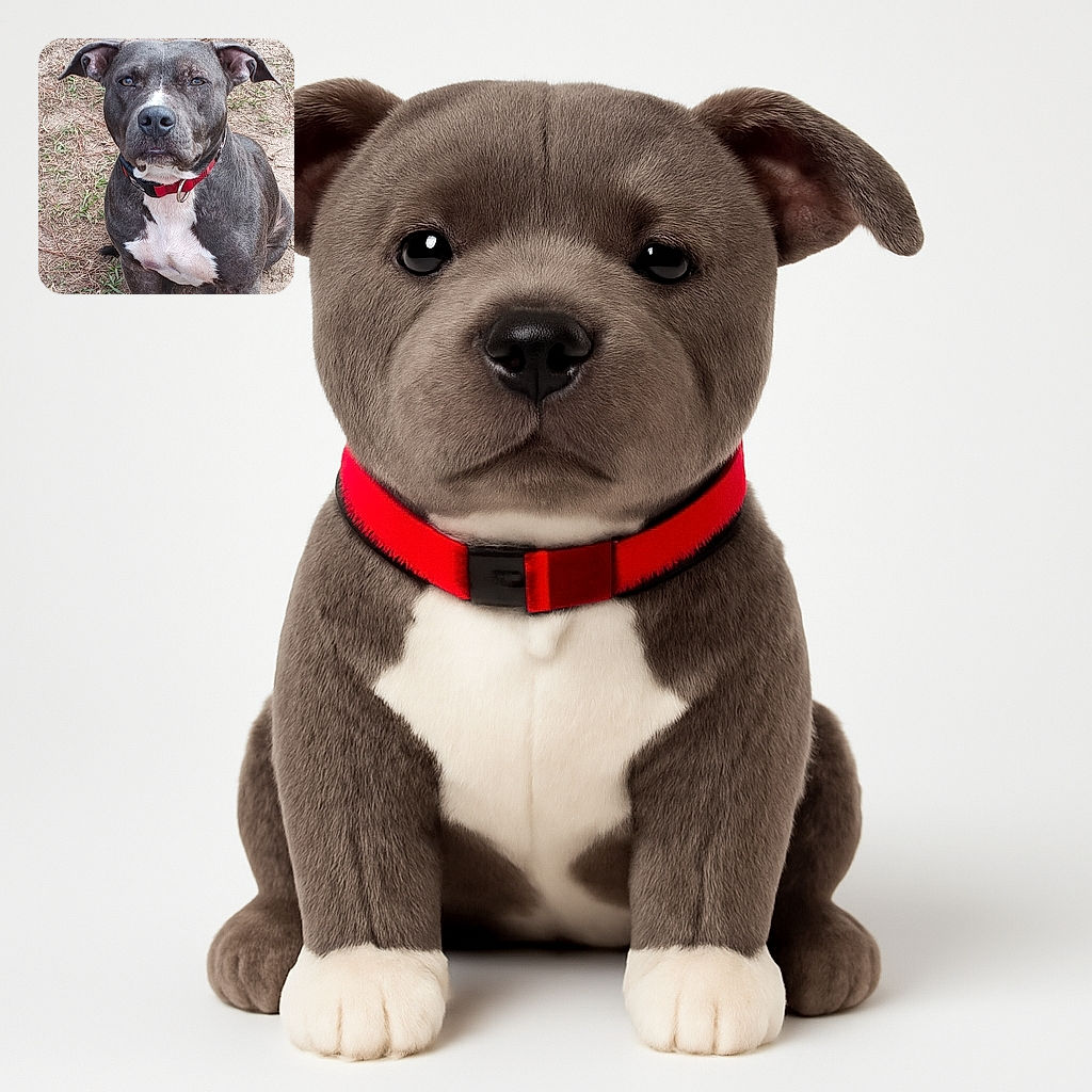 A serious-looking gray and white dog with a red collar sits attentively on a patchy grassy and dirt ground, giving off vibes of a loyal guardian ready for the next command.