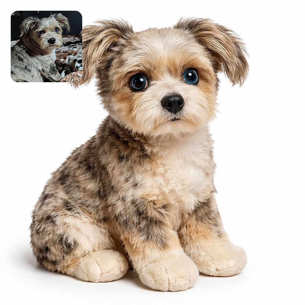 A charming small dog with a unique blue eye and fluffy fur is sitting on a cozy patterned blanket, looking curiously at the camera with its ears perked up, surrounded by soft textures and a warm indoor setting.
