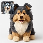 A fluffy, happy dog with a thick, multi-colored coat smiles joyfully at the camera, its bright eyes and open mouth radiating pure canine cheer against a natural outdoor background.