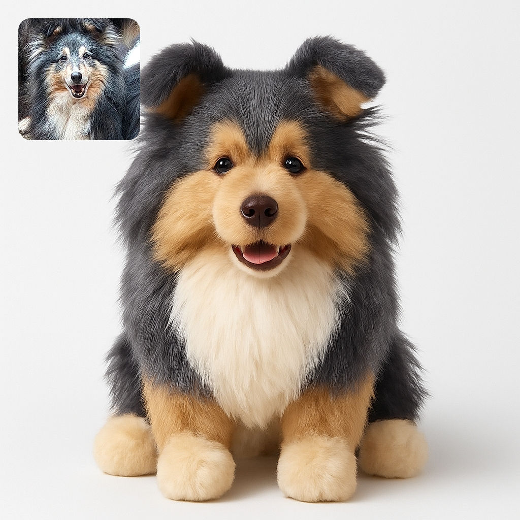 A fluffy, happy dog with a thick, multi-colored coat smiles joyfully at the camera, its bright eyes and open mouth radiating pure canine cheer against a natural outdoor background.