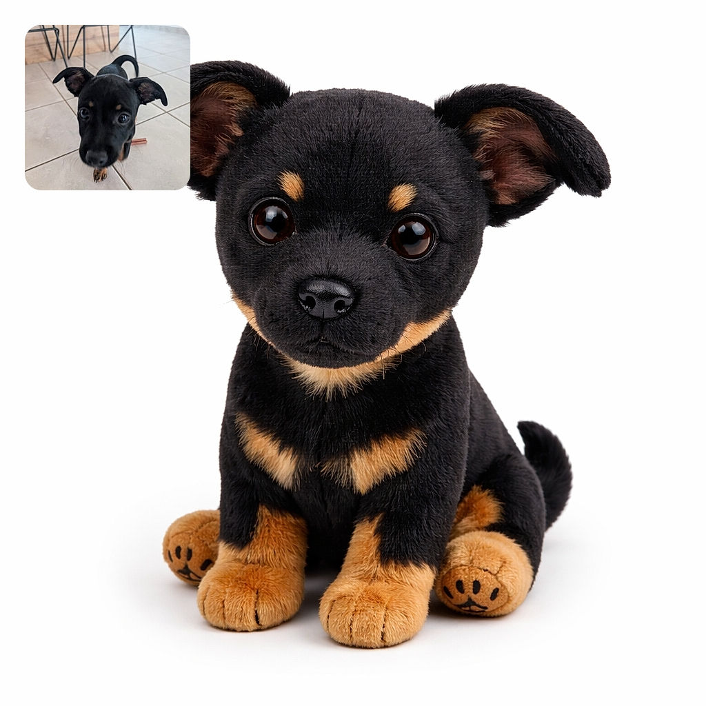A curious little black and tan puppy with oversized ears is stepping forward on a tiled floor, its face close to the camera making its features appear adorably distorted and slightly blurry. The background shows metal chair legs and a wooden panel, giving a cozy indoor vibe.