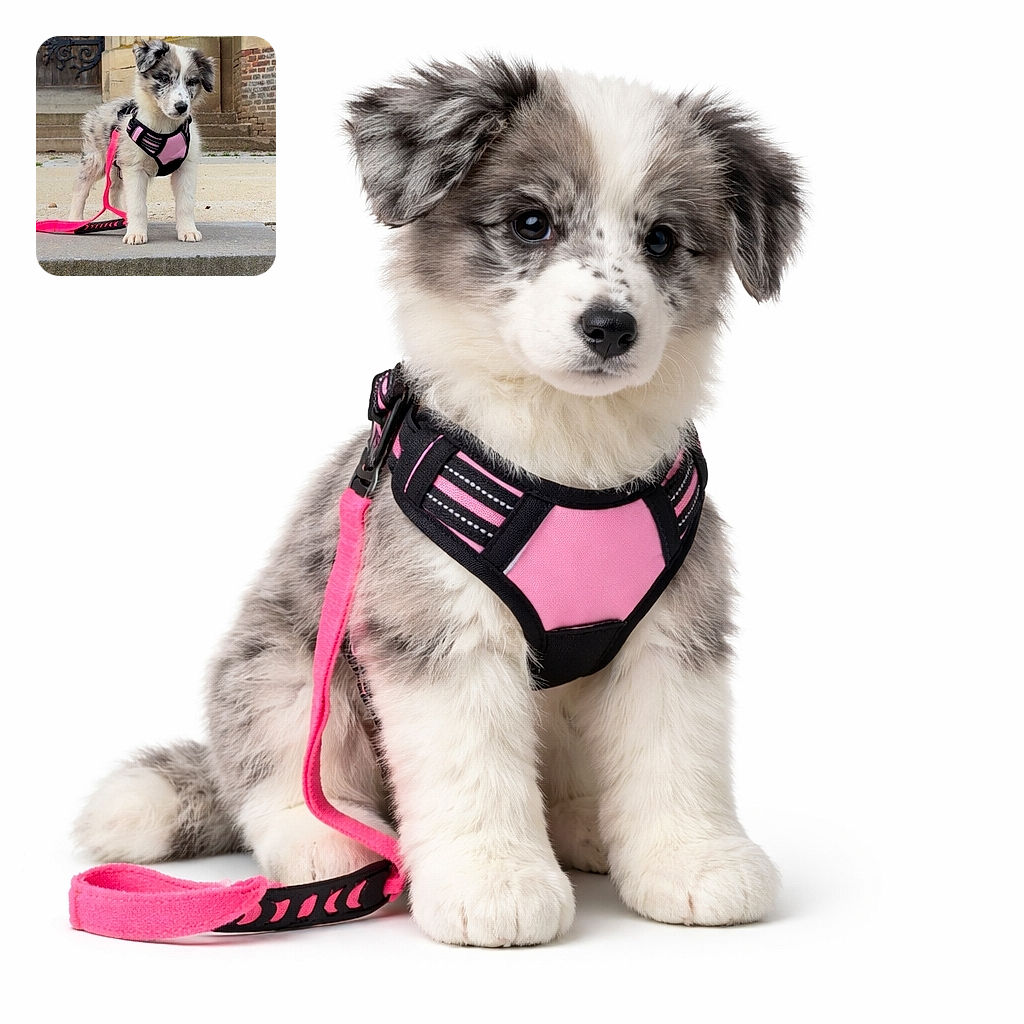 A fluffy puppy sporting a pink harness stands on a stone ledge with an ancient architectural backdrop, looking adorably curious and ready for an adventure.