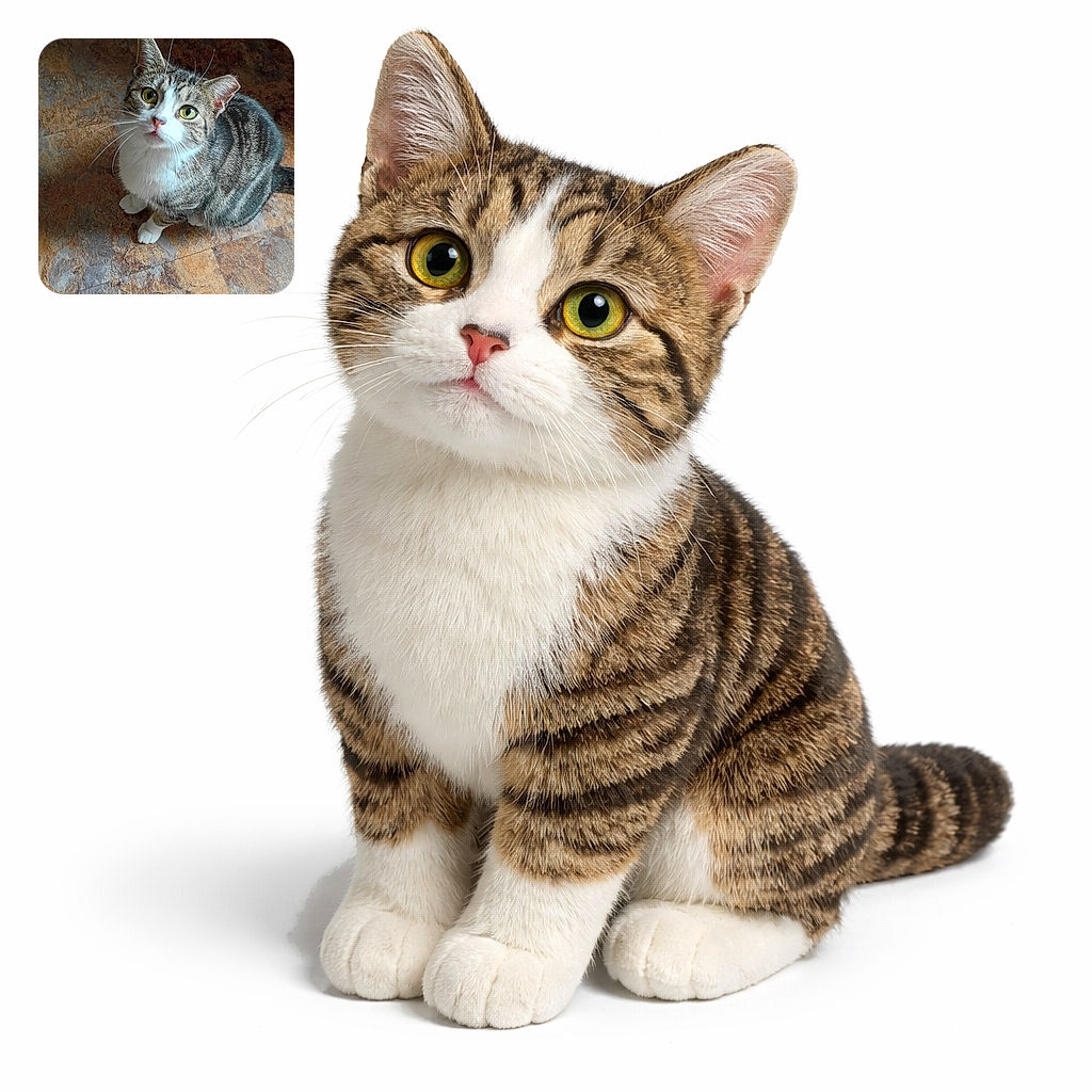 A wide-eyed tabby staring up like you just promised treats — whiskers spread, white paws neatly placed, and a pattern of stripes that screams 'attention please'. The tile floor provides a rustic stage for this small, dramatic feline.