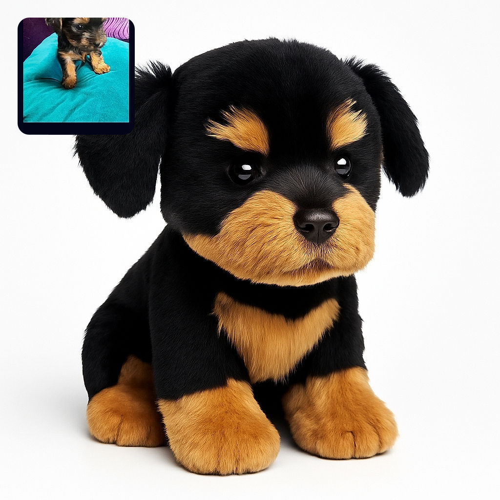 A tiny, fluffy puppy with big curious eyes is perched on a bright turquoise cushion, with a wavy purple pillow and dark purple couch in the background, looking ready to melt hearts everywhere.